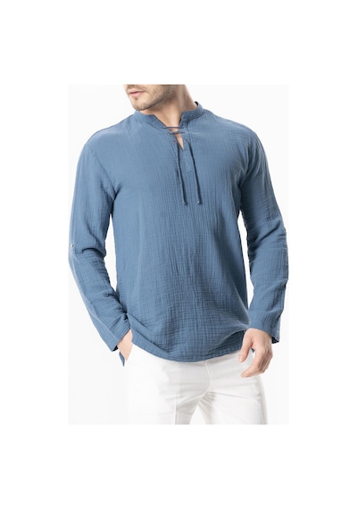 Uzun Kol Doruk V Yaka Bağcıklı Müslin Erkek Yazlık Tshirt İndigo İndg Indigo