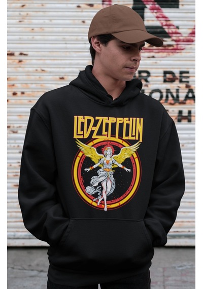 Sevbano Led Zeppelin Rock Metal Baskılı Unisex Oversize Müzik Grubu Hoodi Siyah