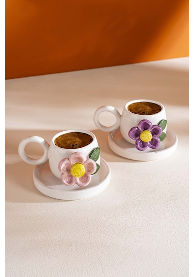 Rivaistanbul Göz Desenli Amore El Yapımı Seramik Double Kahve Fincanı Mug Kupa Krem
