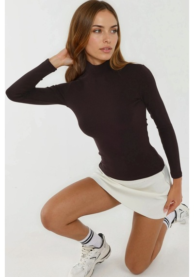 Hiccup Ultra Yumuşak Slim Fit Dik Yaka Örme Üst Koyu Mocha Kahve