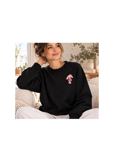 Gıovera Premium Kadın Oversize Sweatshirt Sevimli Tavşan Baskılı Beyaz Bisiklet Yaka siyah