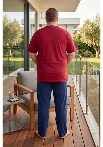 Bravie Erkek Yakası Düğmeli Altı Uzun Kısa Kollu Pamuklu Büyük Beden Yazlık Pijama Takımı Bordo Bordoo