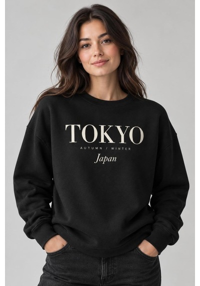 Gıovera Tokyo Şehir Yazılı Bisiklet Yaka Kadın Sweatshirt siyah