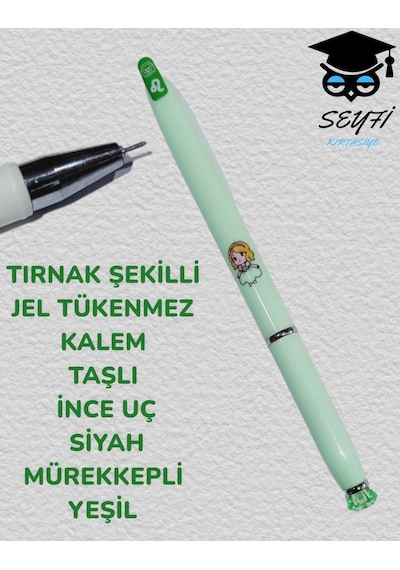 Tırnak Şekilli Jel Tükenmez Kalem Taşlı İnc Uç Siyah Mürekkepli Mor