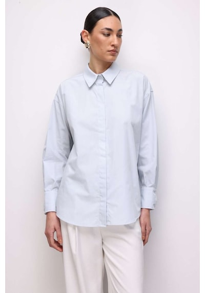 Mizalle Pamuklu Mavi Oversize Gömlek Mavi