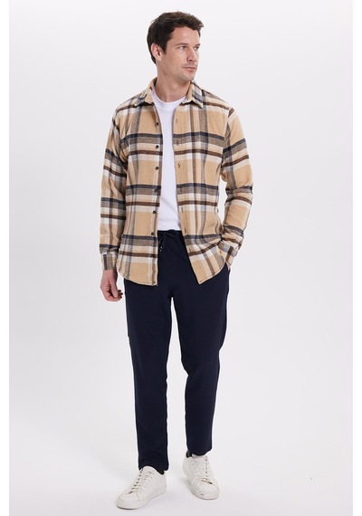 Tudors Erkek Slim Fit Dar Kesim Kareli Kışlık Oduncu Gömlek-42120 Bej
