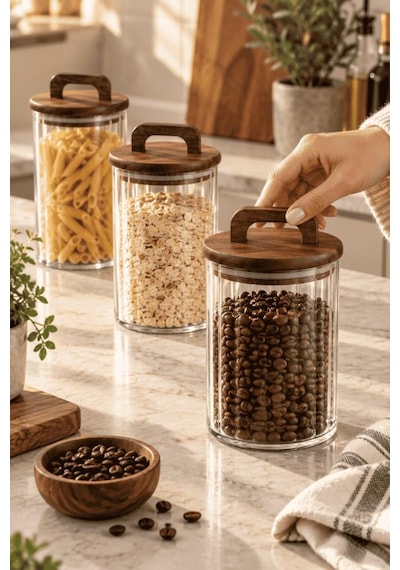 Atbyhome 3'lü Kulplu Akasya Ahşap Kapaklı Çizgili Cam Kavanoz Seti 950 Ml Vakumlu Bakliyat Ve Erzak Kabı Ahşap - Şeffaf