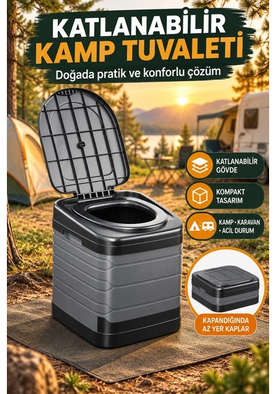 Efsane Kamp - Portatif Katlanabilir Konfor Kamp Seyahat Tuvaleti - Büyük Gri