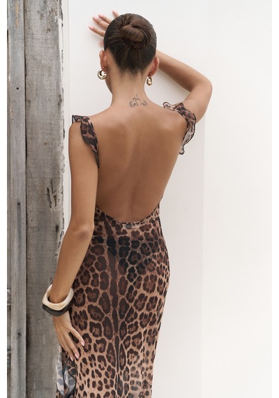 Mai Collection Mai Studios Co. Magi Fırfır Detay Leopar Uzun Elbise Leopar Desenlı