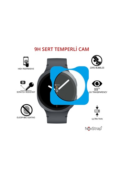 Novstrap Samsung Galaxy Watch 8 44mm İle Uyumlu Ekran Koruyucu 9h Temperli Cam Kolay Uygulama Aparat