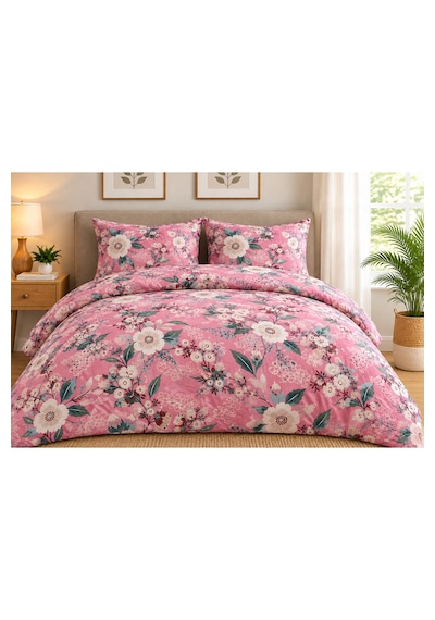 Çiçek Desenli Çift Kişilik Nevresim Takımı - Fermuarlı Ve İç Bağlamalı Pembe & Krem Açık Pembe