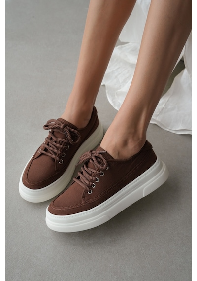 Peinta Yüksek Tabanlı Bağcıklı Kadın Sneaker- Kahverengi