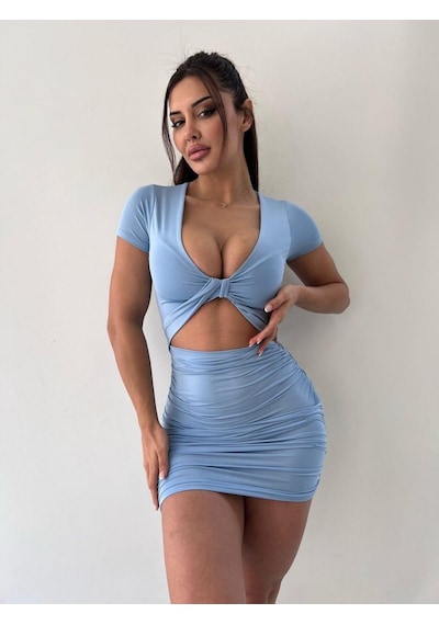 Pink Life Bebe Mavi V Yaka Hollow Out Wrap Hip Kısa Kollu Mini Elbise-bebe Mavi Bebek Mavisi