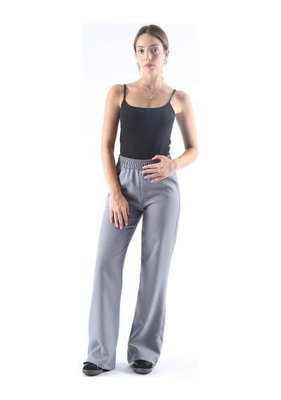 Dokuma Gri Geniş Paça Beli Lastikli Basic Uzun Kadın Pantolon Sh191 S