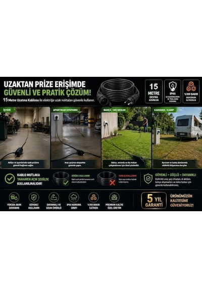Elektrikli Araçlar Ve Yüksek Güç Çeken Cihazlar İçin 3x2,5mm Ttr Bakır Premium 15mt Uzatma Kablosu Ip44 Onaylı-