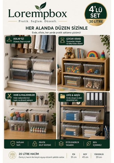 Tr Lorempbox 20 L Kilitli Saklama Kutusu 4'lü Set Şeffaf Genel