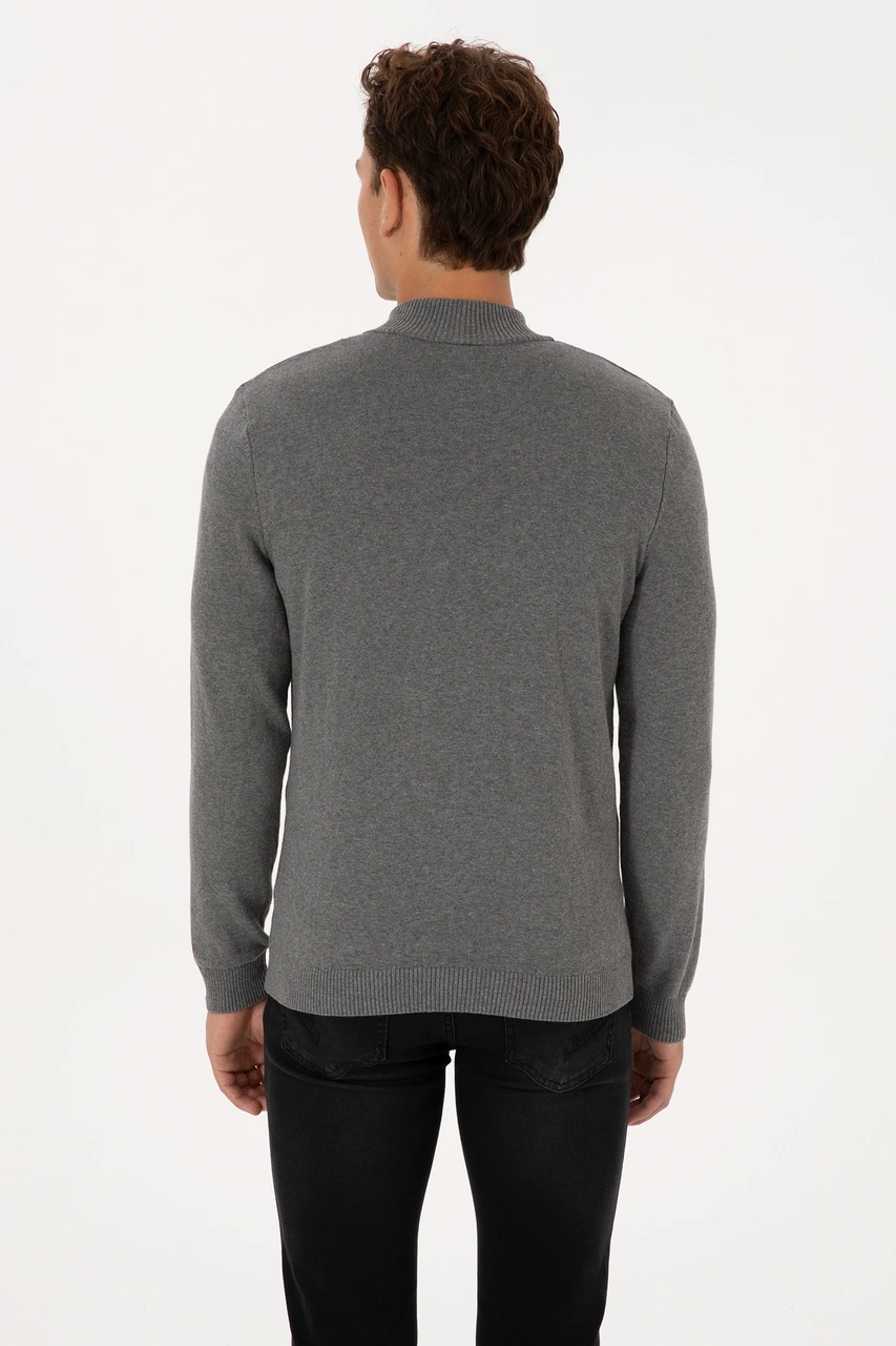 U.S. Polo Assn. Erkek Slim Fit Yarım Fermuarlı Gri Melanj Basic Kazak 50313695-VR109