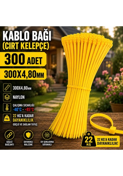 300x4,80mm Kablo Bağı Cırt Kelepçe Sarı 300 Adet