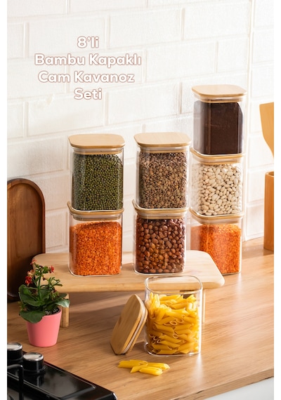 Porsima 5-4 Bambu Vakumlu Kapaklı Kare Borsilikat Cam 8li Kavanoz Seti Saklama Kabı 750ml 7,5x15cm
