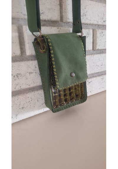 Çağla Yeşili Hakiki Deri Mini El Yapımı Çapraz Çanta Yeşil