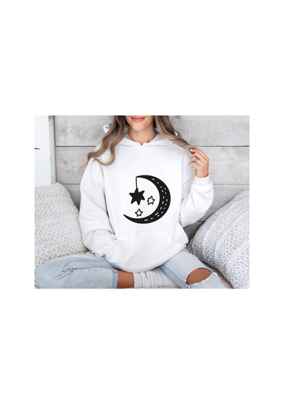 Magors Stıl-x Ay Yıldız Baskılı Oversıze Bisiklet Yaka Pamuklu Sweatshırt Beyaz