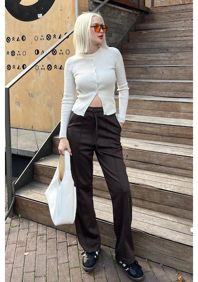 Madmext Kahverengi Beli Ayarlanabilir Geniş Paça Pantolon Mg2215 Kahverengi