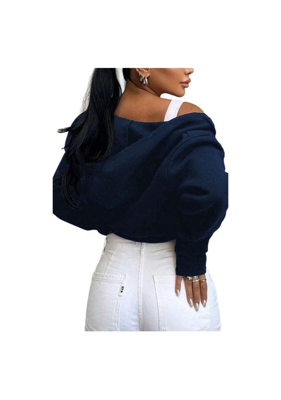 Lacivert Kadın Crop Fermuarlı Kapüşonlu Sweatshirt Lacivert