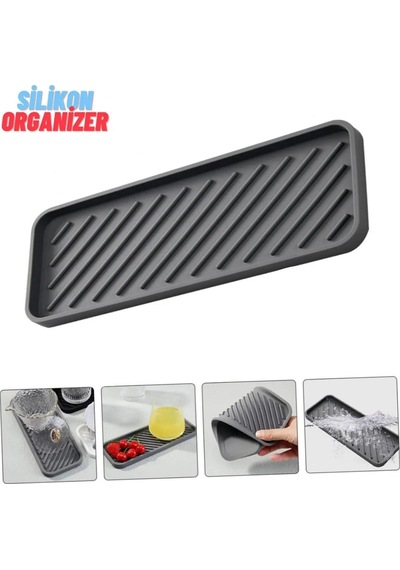 Gri Renk Silikon Yağdanlık Yağlık Sirkelik Altlığı Organizer Sunumluk Sabunluk Altlığı 23x10 Cm Diğer