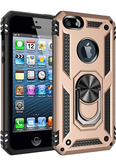 Kilifone - İphone 5 Uyumlu Kılıf Koruyucu Yüzüklü Çift Katman Vega Kapak - Gold - T9654