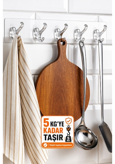 Yapışkanlı 5 Kancalı Askı Şeffaf Duvar Organizer Banyo Mutfak Çoklu Askı Aparatı Diğer