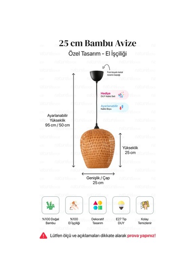 Bohem Bambu Boja Pendant Sarkıt Avize Lamba 25 Cm - Iskandinav, Modern, Bohem, Rattan Aydınlatma Bambu