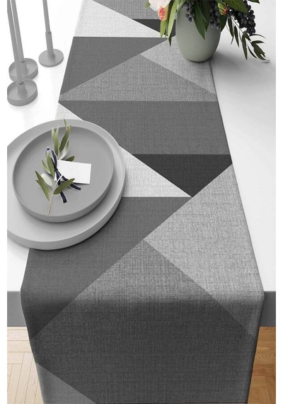 Gri Geometrik Desenli Premium Masa Örtüsü Runner Rnr392n11