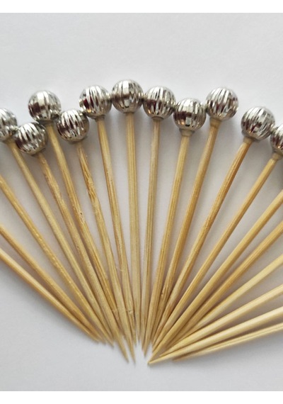 100 Adet Dekoratif Gümüş Çizgili İnci Boncuklu Pasta Kürdanı 6,5 Cm - Boncuk 8 Mm