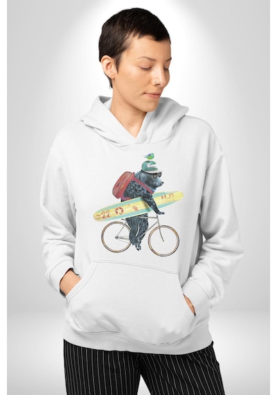 Komik Köpek Sörf Tahtası Bisiklet Kadın Erkek Beyaz Kapüşonlu Sweatshirt Hoodie Beyaz