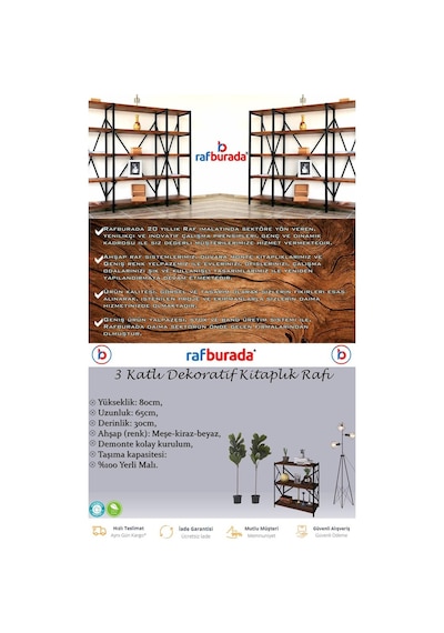 Rafburada Rafburada® 3 Katlı Kitaplık, Dekoratif Kitaplık, Ahşap Kitaplık.