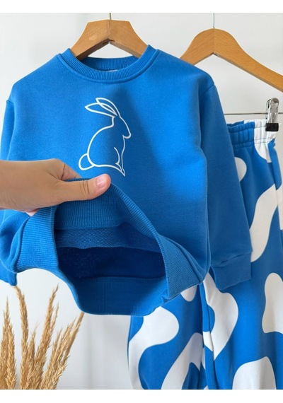 Tavşan Baskılı Mavi Sweatshirt Desenli Eşofman Kız & Erkek Çocuk 3ip Alt Üst Takım