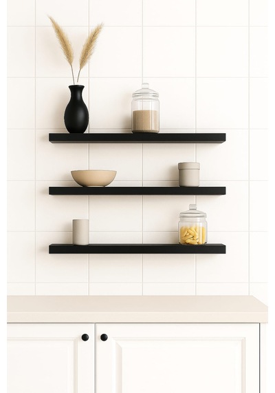 40 Cm 3lü Mat Siyah Mdf Uçan Duvar Rafı Gizli Bağlantı Kitaplık