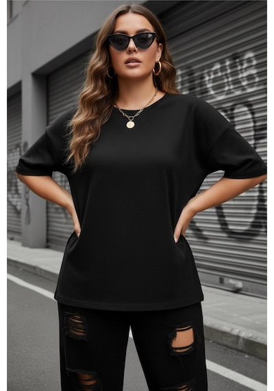 Mily Kadın Büyük Beden Battal Basic Bisiklet Yaka Pamuklu T-shirt Rahat Kesim Unisex Sevgili Kombini SIYAH