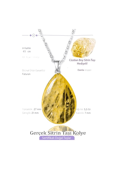 Erilsa Sertifikalı Damla Model Gerçek Sitrin Taşı Kolye - Gümüş Aparatlı Çok Renkli