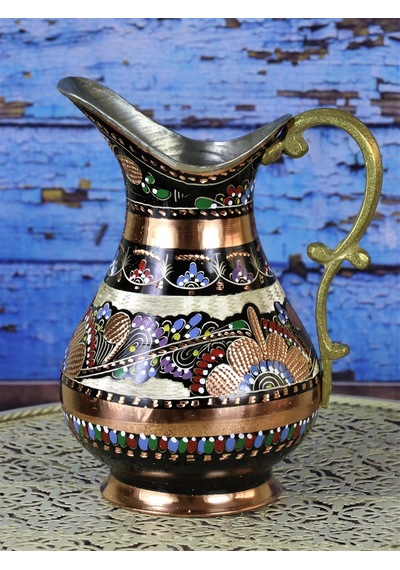 Gül Çiçek İşlemeli Bakır Sürahi