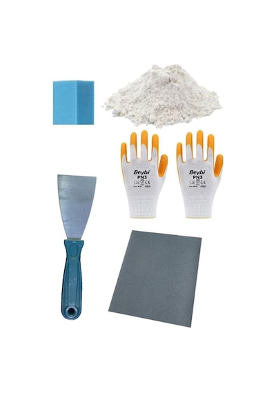 Duvar Tamir Seti 2 Kg Saten Alçısı,spatula,zımpara,sıva Süngeri,işçi Eldiveni 5 Parça Set