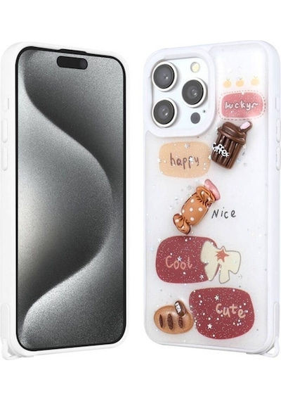 Apple Uyumlu iPhone 15 Pro Max Kılıf Parlayan Simli Kabartma Figürlü Zore Cevze Kapak Beyaz