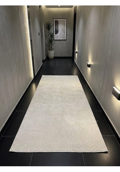Dinar Armoni Kaymaz Tabanlı Kesme Kabartmalı Yıkanabilir Salon Koridor Mutfak Hali Krem
