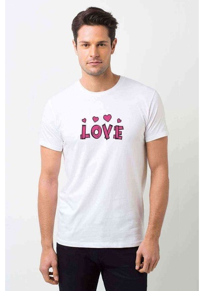 Love Pembe Yazı Baskılı Beyaz Erkek Tshirt