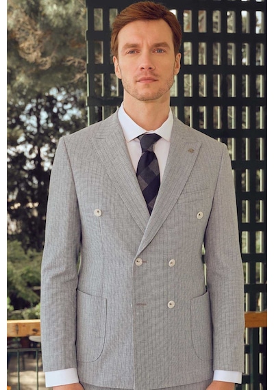 Morven Erkek Mavi Keten Trend Slim Fit Sivri Yaka Takım Elbise Mavi