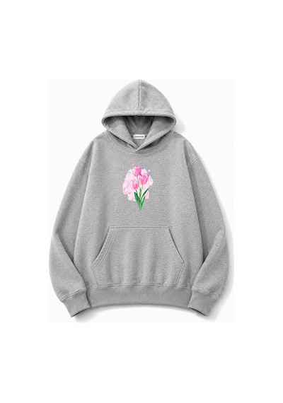 Herkesemoda Lale Baskılı Kapüşonlu 2 İplik Şardonlu Sweatshirt Gri