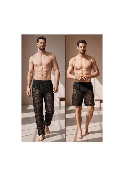 Qmen Style Erkek Kimono Takımı 3 Lü Dantel Set Bornoz + Pantolon + Şort Siyah