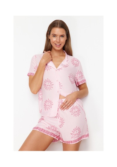 Laperissa Pembe Güneş Desenli Viskon Şortlu Dokuma Pijama Takımı