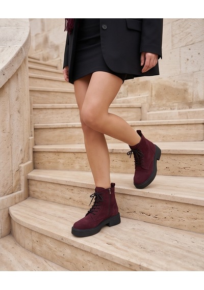 Futsishoes Ravenna Vişne Hakiki Süet Deri Bağcıklı Kalın Taban Günlük Kadın Bot Bordo