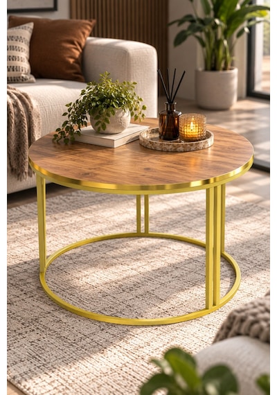 Sulorahome Ceviz Desenli Yuvarlak Orta Sehpa Gold Metal Ayaklı 70 Cm Altın - Ceviz Sulorahome Ceviz Desenli Yuvarlak Orta Sehpa Gold Metal Ayaklı 70 Cm Altın - Ceviz